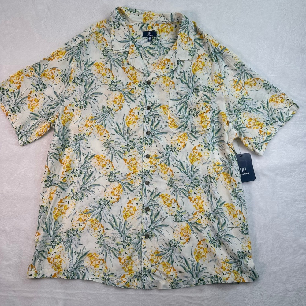 NWT George Shirt Mens 3XL White Pineapple Print Livaeco Viscose Short Sleeve - Picture 2 of 9